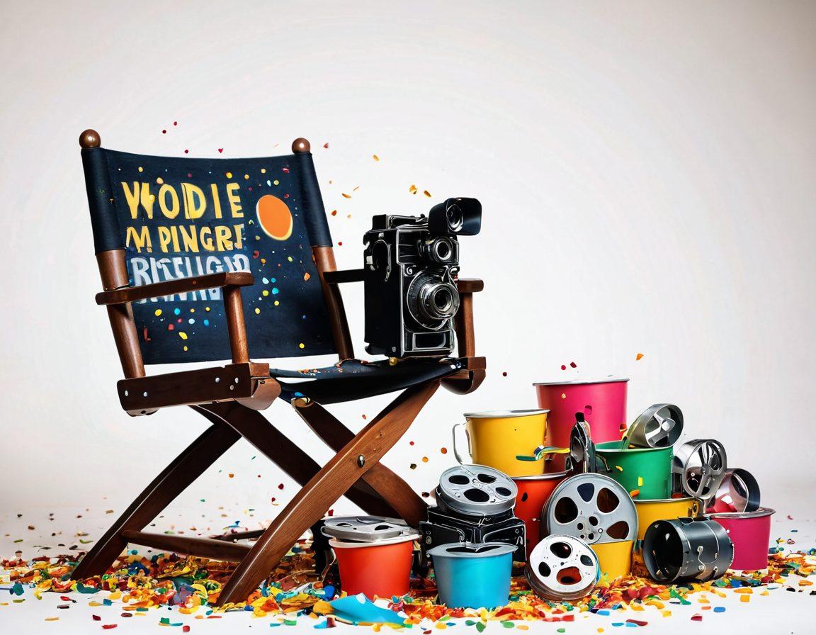 A vibrant collage of film reels, showcasing iconic blockbuster scenes alongside indie film posters. Overlay of colorful confetti and film festival awards, symbolizing joy and celebration in cinema. A whimsical film director's chair and a vintage camera in the foreground, inviting viewers into the world of filmmaking. Ideal lighting to create a warm and inviting atmosphere. super-realistic. vibrant colors. white background.