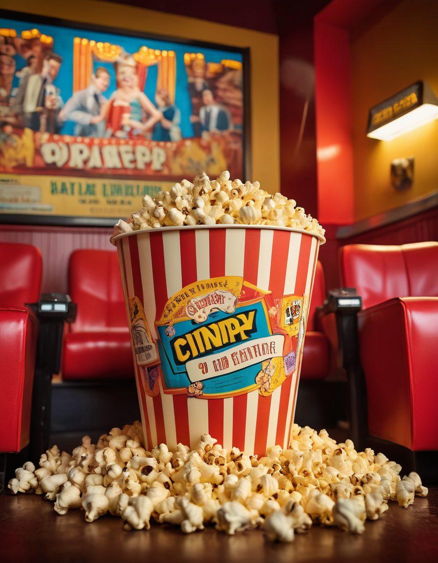 A whimsical cinema scene filled with colorful movie posters showcasing iconic comedies, soft golden light bathes the area, and people laughing joyfully in comfortable theater seats. A large popcorn bucket and soda cups are prominently featured in the foreground, with film reels and a vintage projector in the background, capturing the essence of cheerful cinema. vibrant colors. super-realistic. warm tones.