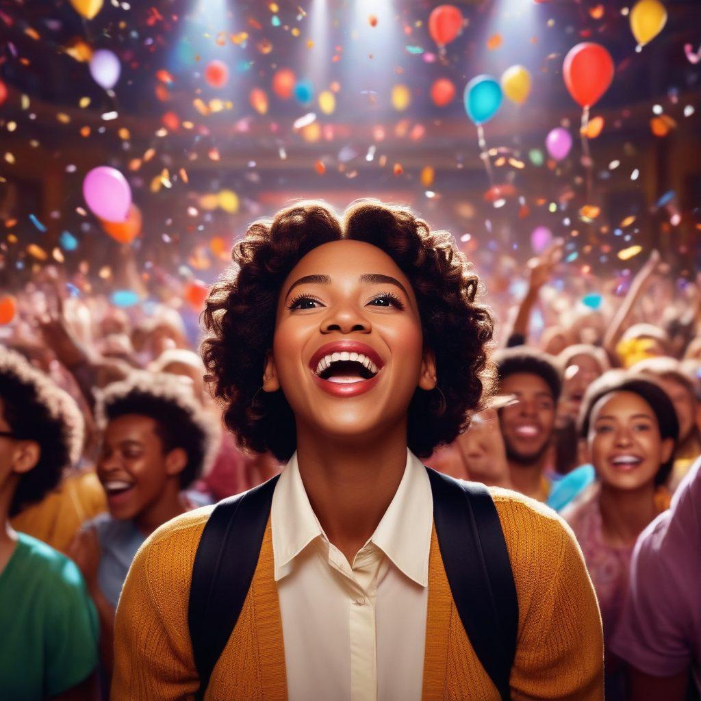 A vibrant movie theater scene filled with diverse people laughing and enjoying films, surrounded by colorful posters of joyful movies. Balloons and confetti float through the air, creating a festive atmosphere. Bright spotlights illuminate the scene, emphasizing a sense of happiness and excitement. The characters should have expressions of pure joy, showcasing the essence of cheerful cinema. vibrant colors. super-realistic. cinematic lighting.